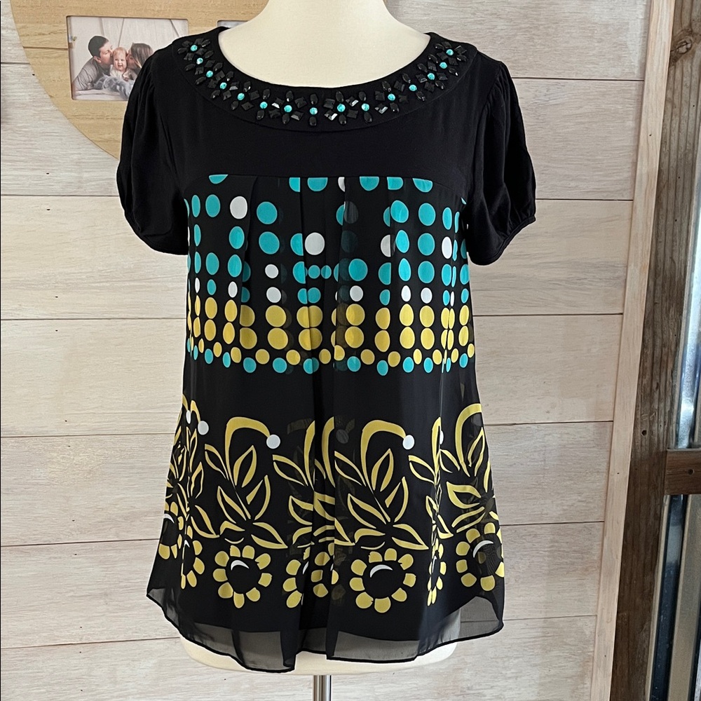 Nicole Miller Black Top with Yellow and Blue Accents 4
